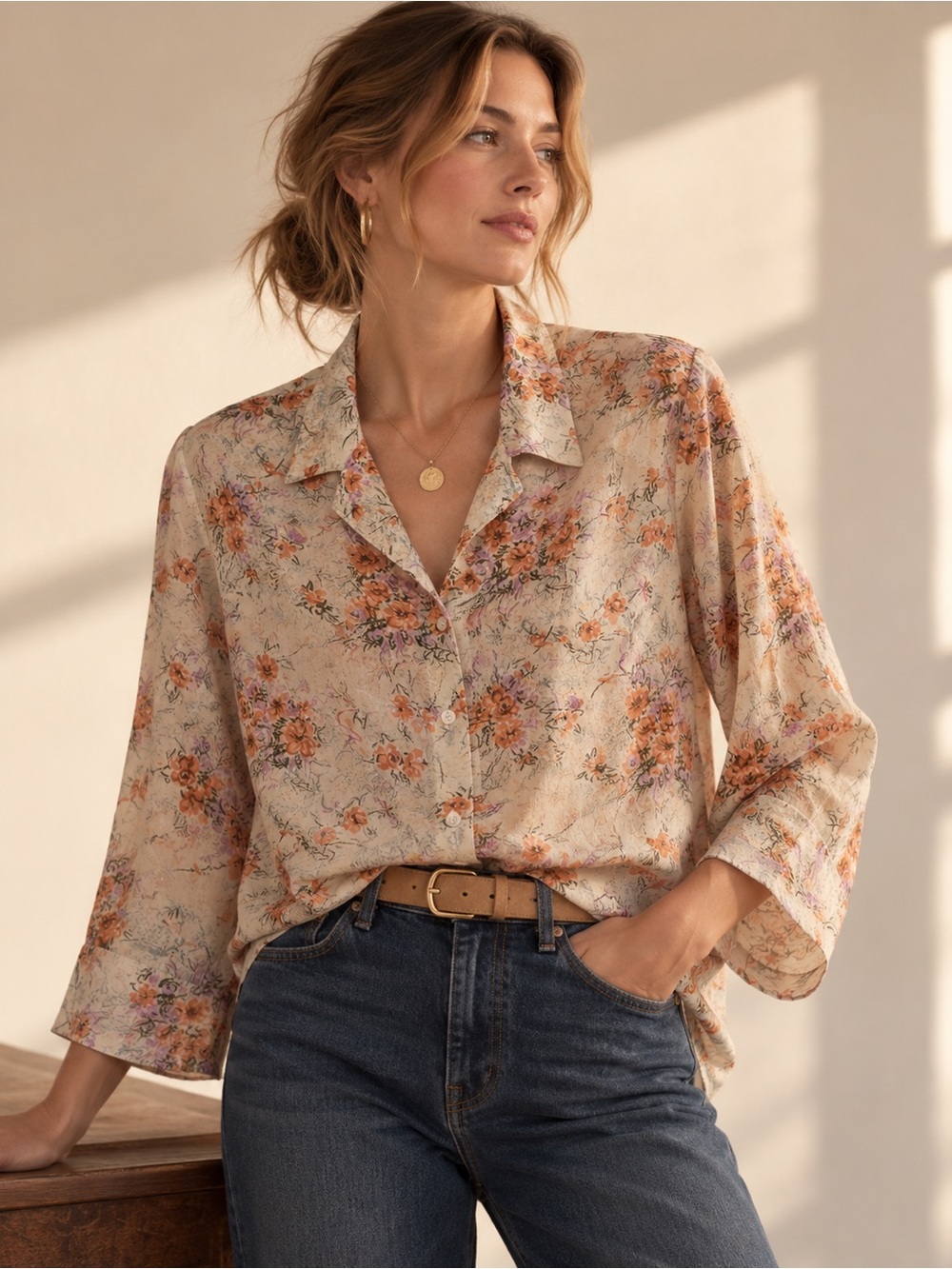 Hand Sewn Silk Floral Blouse Crystal Flower Buttons